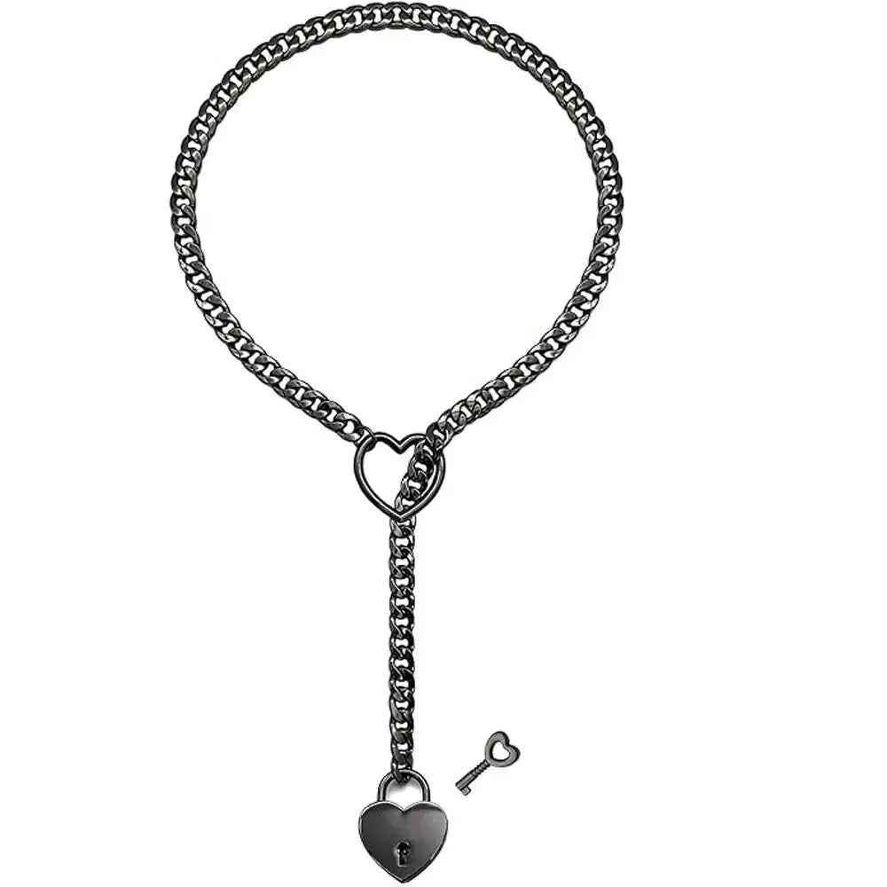 Adjustable Heart O-Ring Punk Rock Cuban Chain Necklace – Lariat Y-Style Necklace with Key & Heart Lock Pendant - Crea Muze