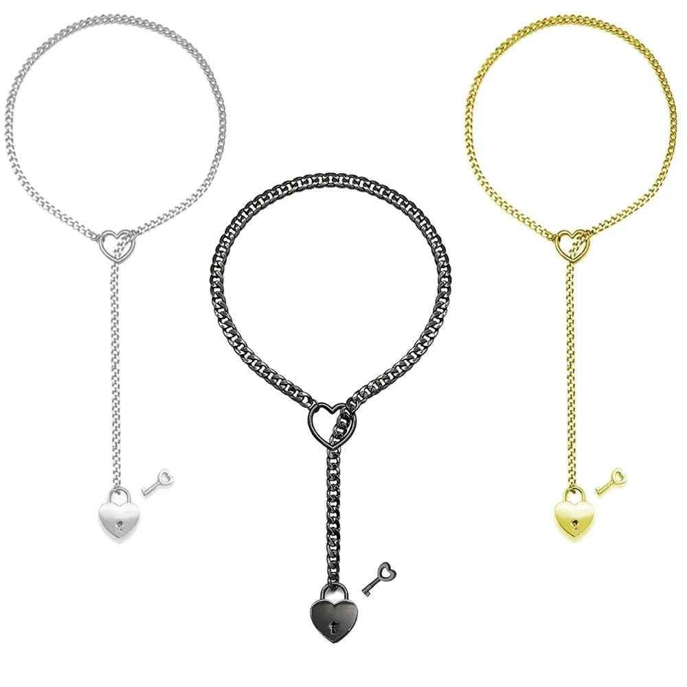 Adjustable Heart O-Ring Punk Rock Cuban Chain Necklace – Lariat Y-Style Necklace with Key & Heart Lock Pendant - Crea Muze