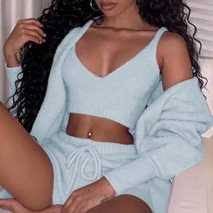 3pcs Womens Clothing Long Sleeve Crop Tank Top And Drawstring Shorts Pajama Set - Crea Muze