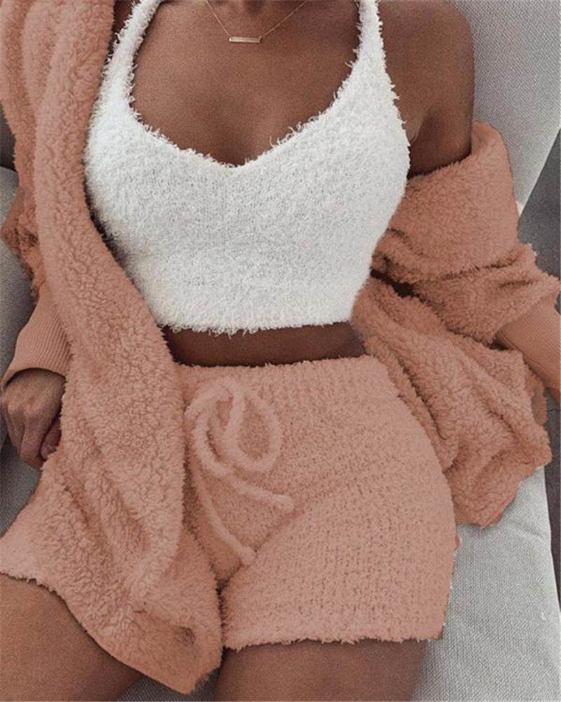 3pcs Womens Clothing Long Sleeve Crop Tank Top And Drawstring Shorts Pajama Set - Crea Muze