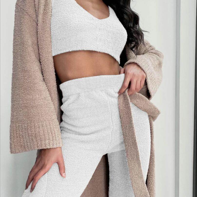 3pcs Womens Clothing Long Sleeve Crop Tank Top And Drawstring Shorts Pajama Set - Crea Muze