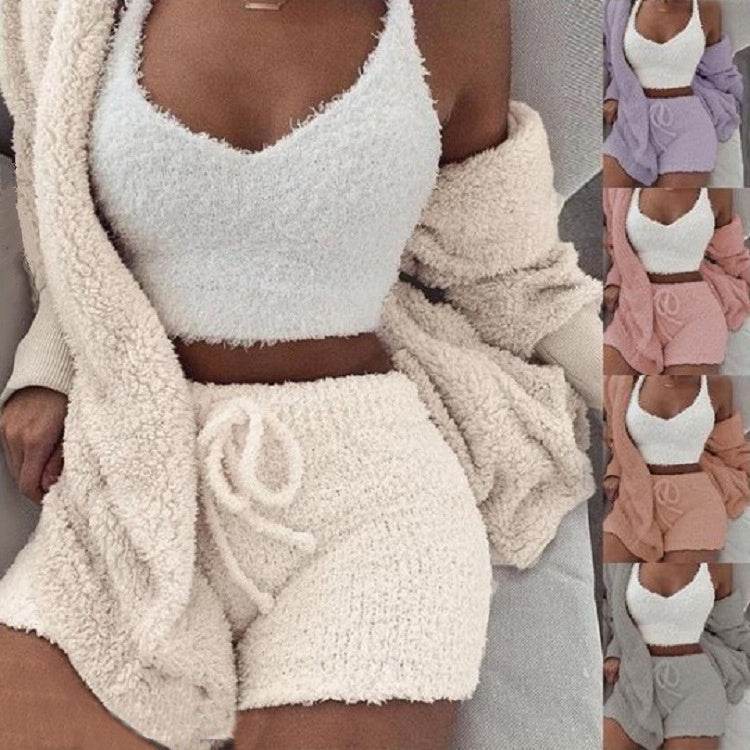 3pcs Womens Clothing Long Sleeve Crop Tank Top And Drawstring Shorts Pajama Set - Crea Muze