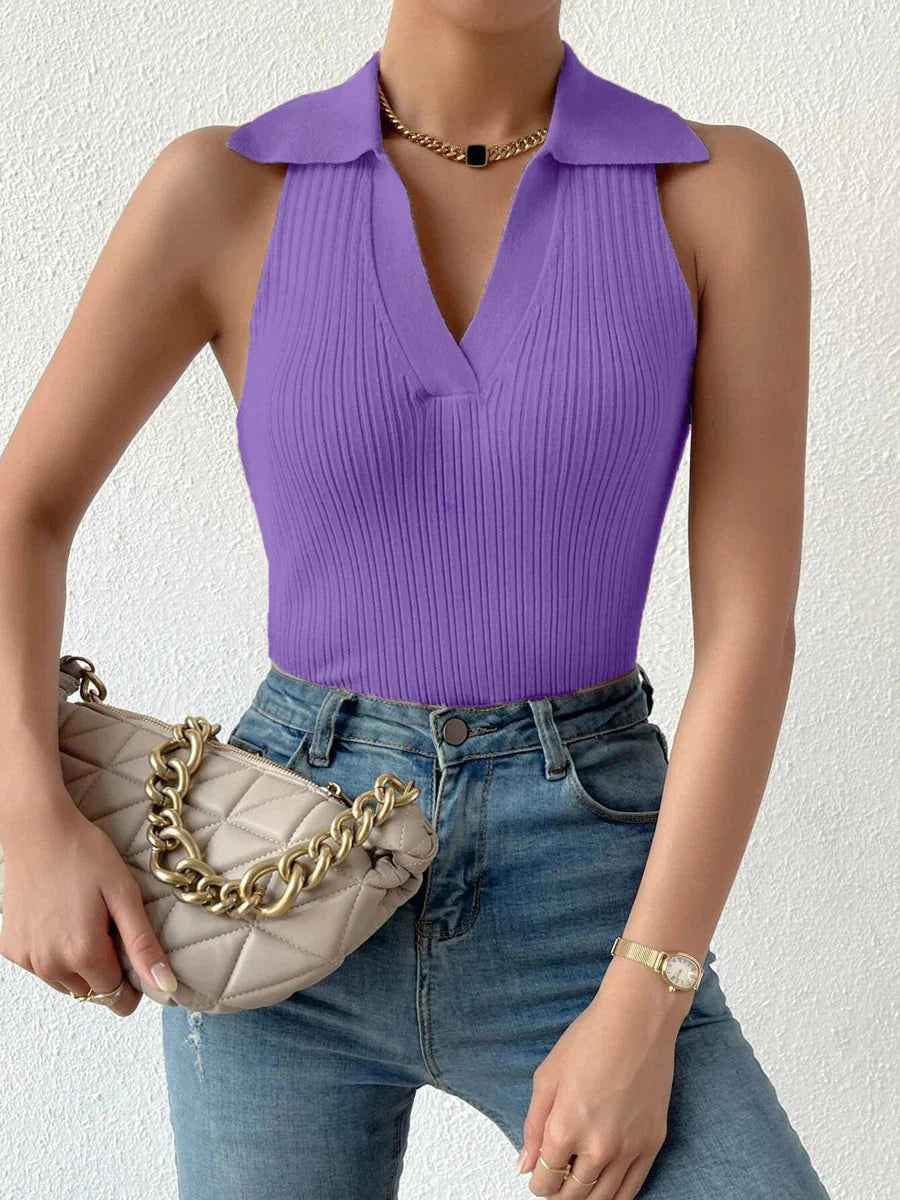 Summer V-Neck Ribbed Knit Crop Top - Sleeveless Turndown Collar in 10 Colors - Crea Muze