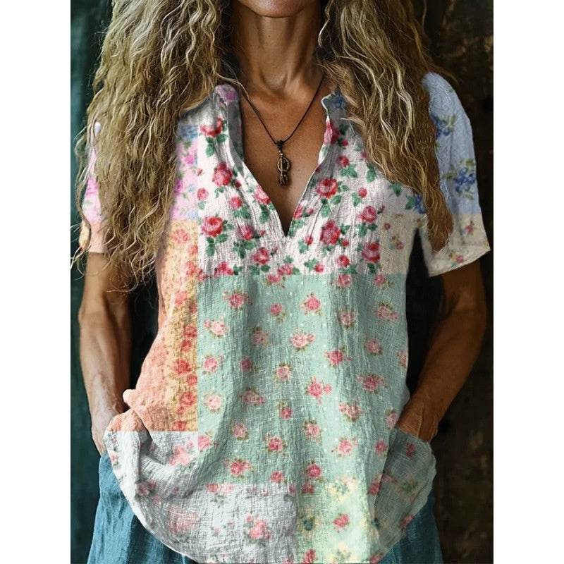 3D Printed Women's Spring And Summer Loose V-neck Short Sleeve Top - Crea Muze