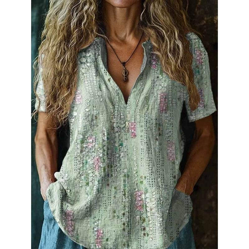 3D Printed Women's Spring And Summer Loose V-neck Short Sleeve Top - Crea Muze