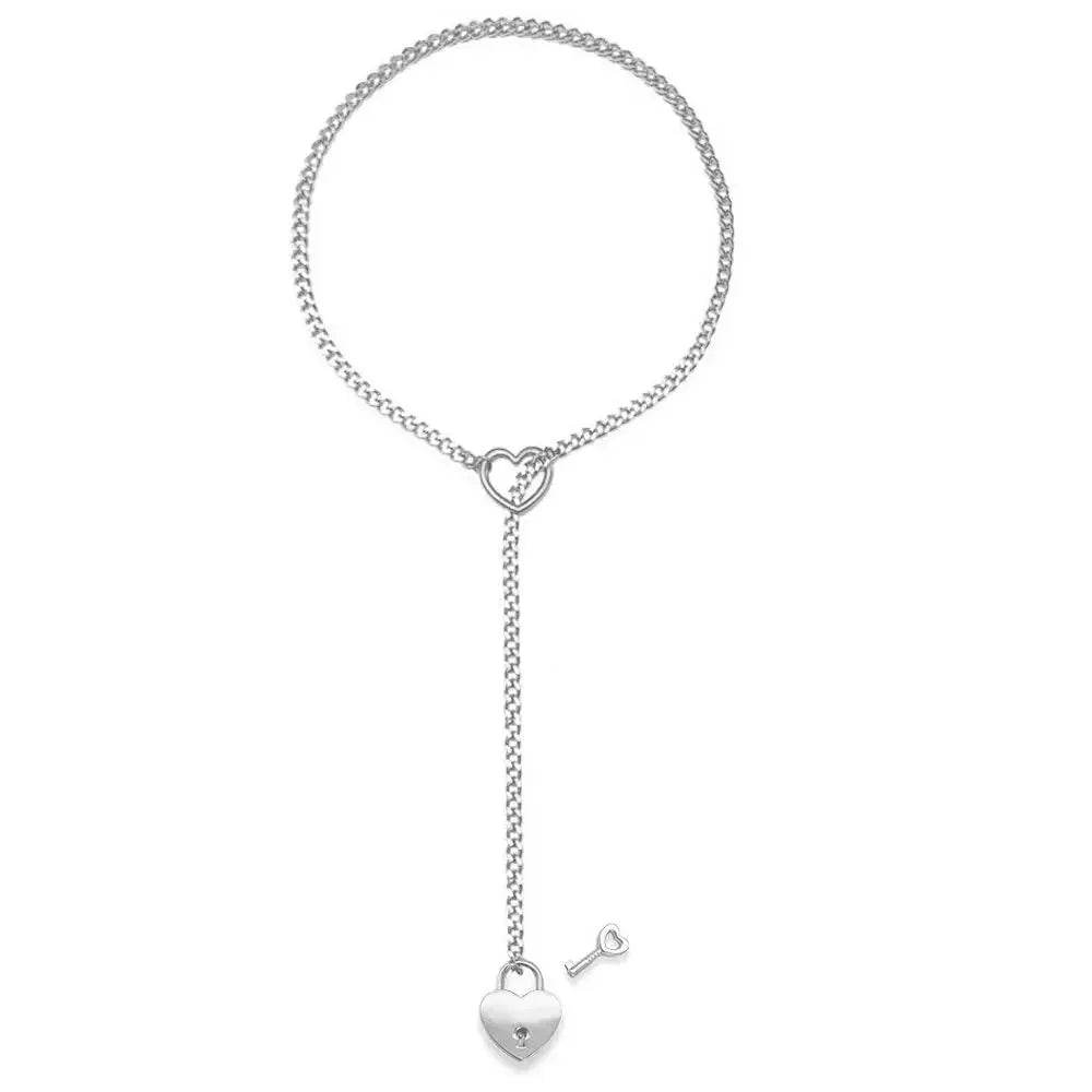 Adjustable Heart O-Ring Punk Rock Cuban Chain Necklace – Lariat Y-Style Necklace with Key & Heart Lock Pendant - Crea Muze