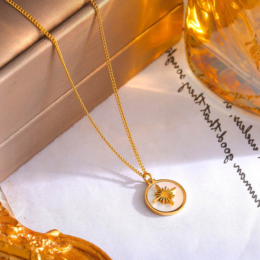 Vintage XINGX Water Shell Round Plate Pendant Necklace Titanium Steel 18K Gold Plated Clavicle Chain - Crea Muze