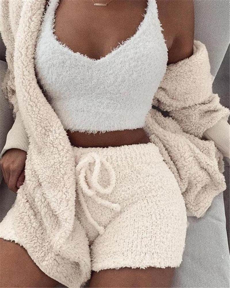 3pcs Womens Clothing Long Sleeve Crop Tank Top And Drawstring Shorts Pajama Set - Crea Muze