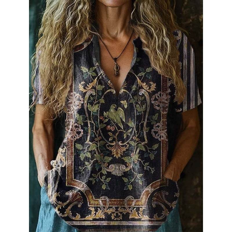 3D Printed Women's Spring And Summer Loose V-neck Short Sleeve Top - Crea Muze