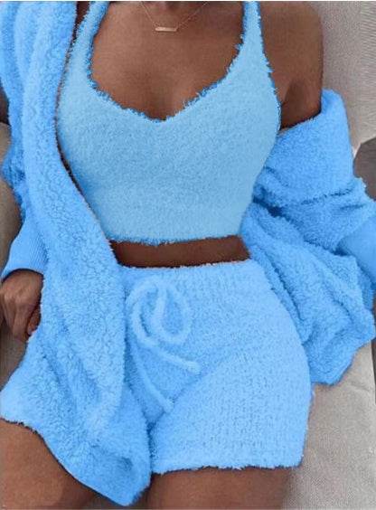 3pcs Womens Clothing Long Sleeve Crop Tank Top And Drawstring Shorts Pajama Set - Crea Muze