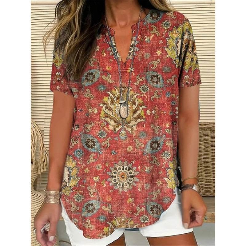 3D Printed Women's Spring And Summer Loose V-neck Short Sleeve Top - Crea Muze