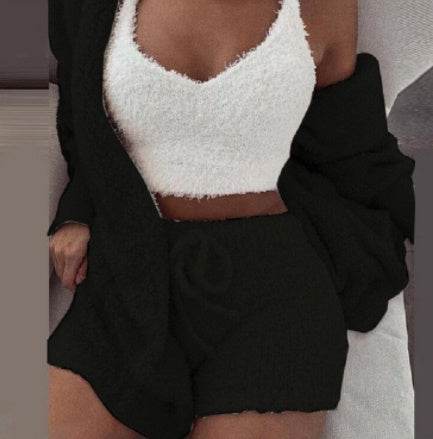 3pcs Womens Clothing Long Sleeve Crop Tank Top And Drawstring Shorts Pajama Set - Crea Muze
