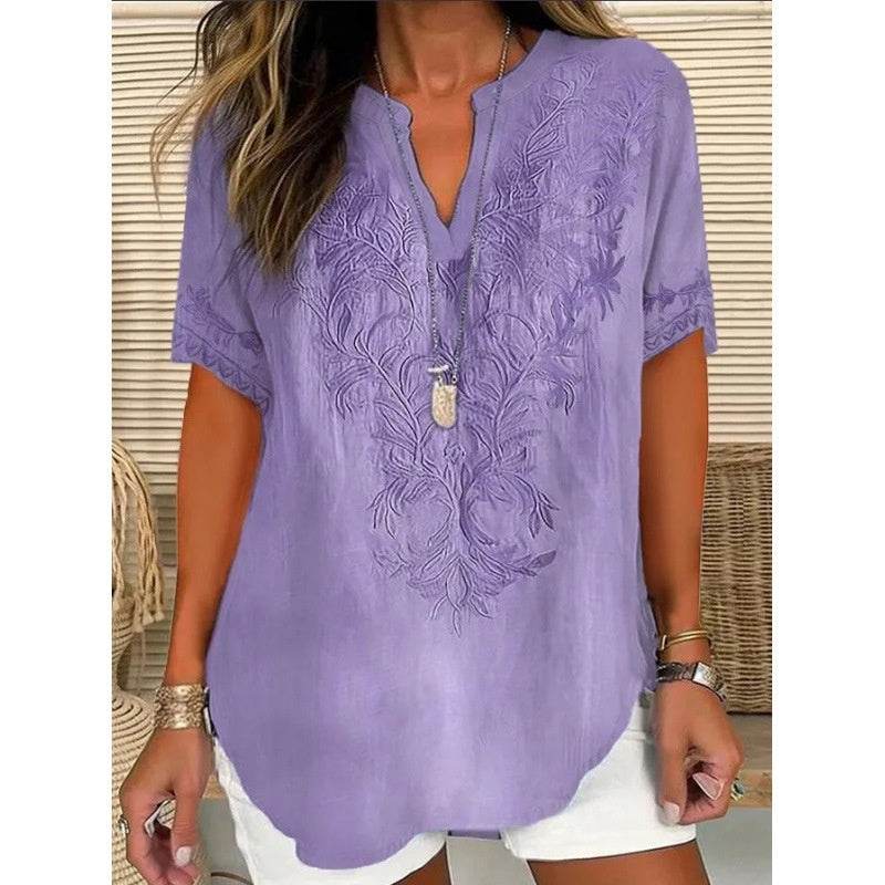 3D Printed Women's Spring And Summer Loose V-neck Short Sleeve Top - Crea Muze