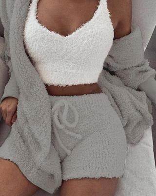 3pcs Womens Clothing Long Sleeve Crop Tank Top And Drawstring Shorts Pajama Set - Crea Muze