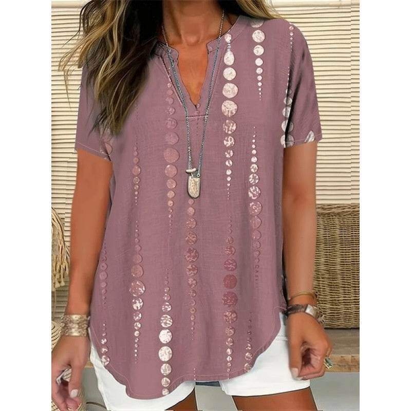 3D Printed Women's Spring And Summer Loose V-neck Short Sleeve Top - Crea Muze