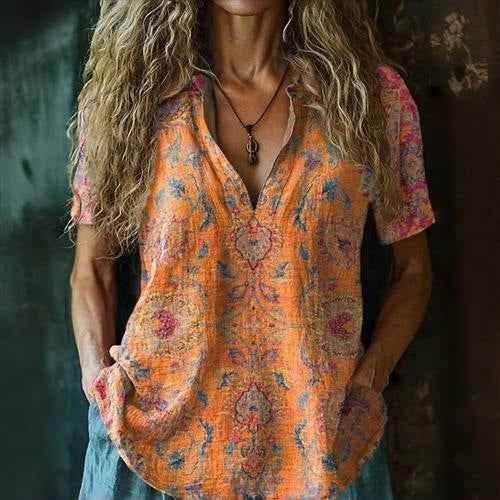 3D Printed Women's Spring And Summer Loose V-neck Short Sleeve Top - Crea Muze