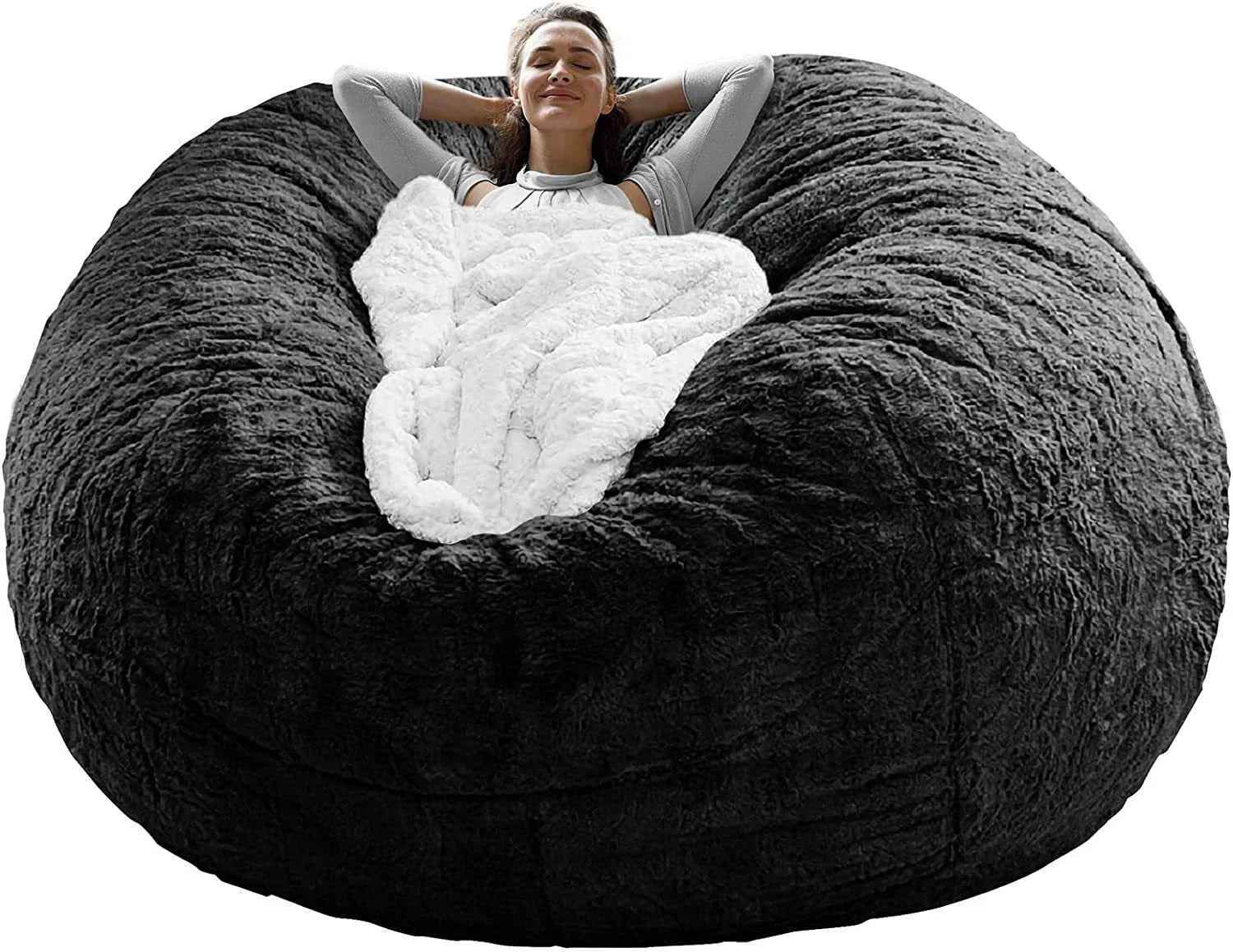 Bag Chair Coverit Was Only A Cover, Not A Full Bean Bag Chair Cushion,Big Round Soft Fluffy PV Velvet Sofa Bed Cover, Living Room Furniture, Lazy Sofa Bed Cover,5ft Black - Crea Muze