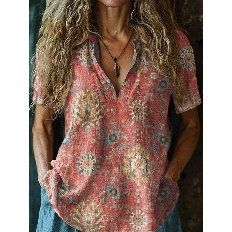 3D Printed Women's Spring And Summer Loose V-neck Short Sleeve Top - Crea Muze