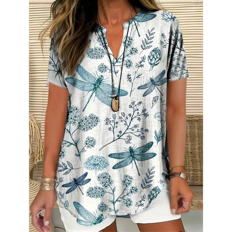 3D Printed Women's Spring And Summer Loose V-neck Short Sleeve Top - Crea Muze