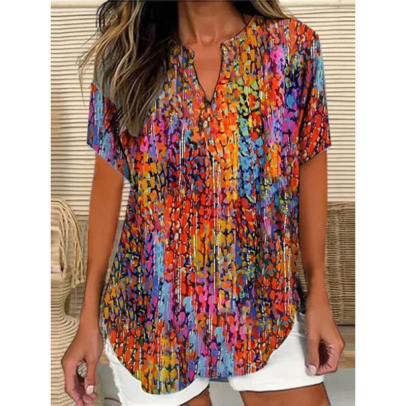 3D Printed Women's Spring And Summer Loose V-neck Short Sleeve Top - Crea Muze