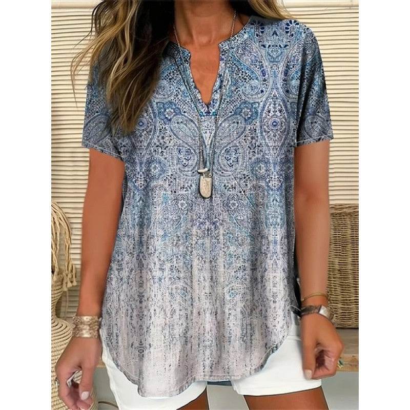 3D Printed Women's Spring And Summer Loose V-neck Short Sleeve Top - Crea Muze