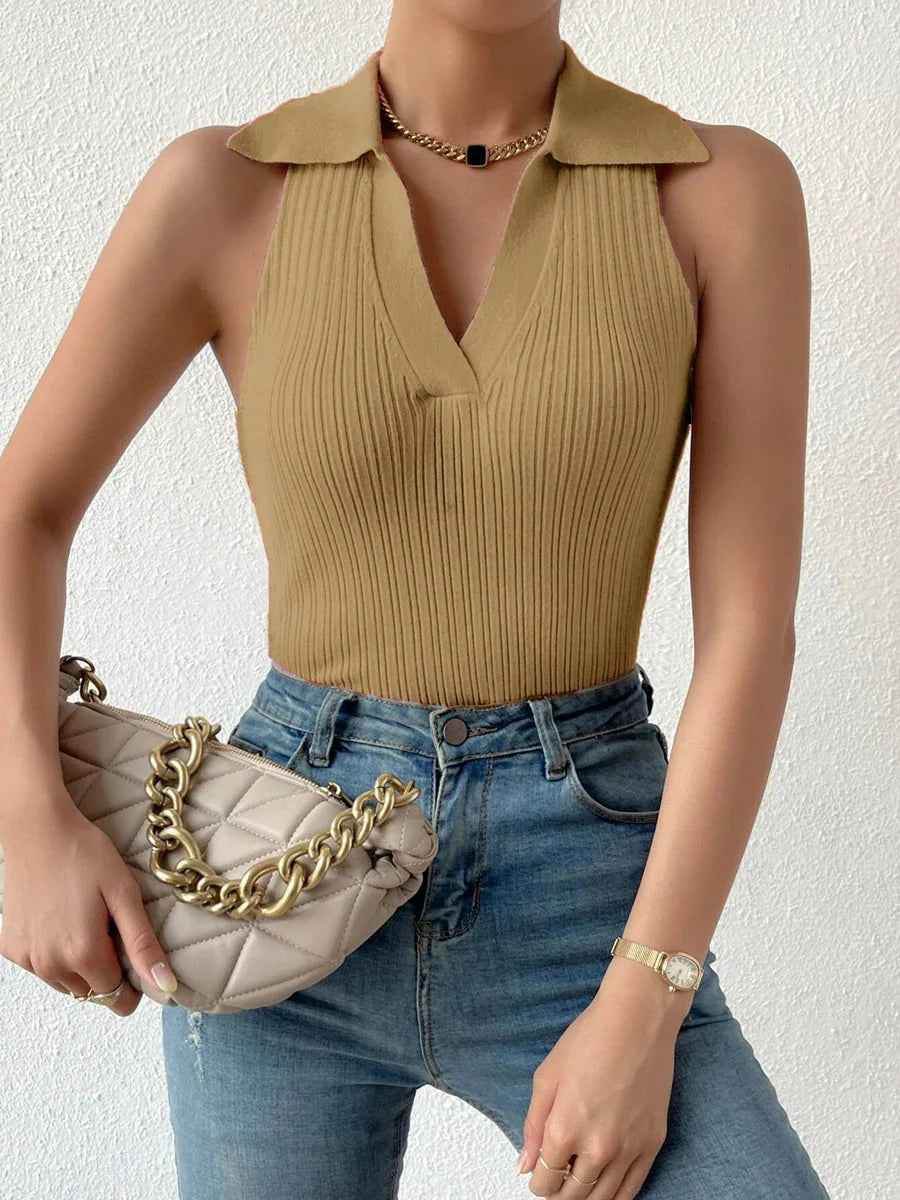 Summer V-Neck Ribbed Knit Crop Top - Sleeveless Turndown Collar in 10 Colors - Crea Muze