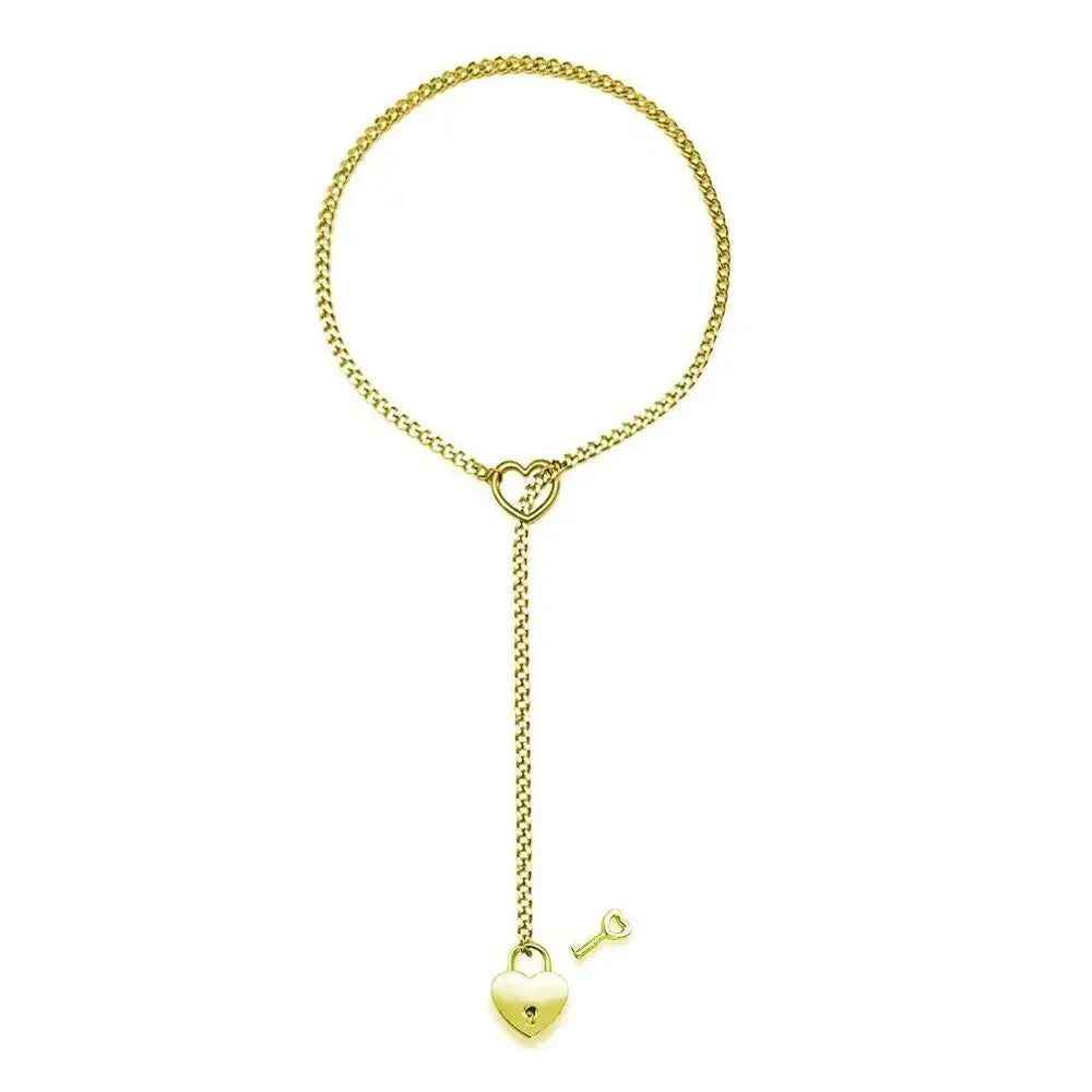 Adjustable Heart O-Ring Punk Rock Cuban Chain Necklace – Lariat Y-Style Necklace with Key & Heart Lock Pendant - Crea Muze
