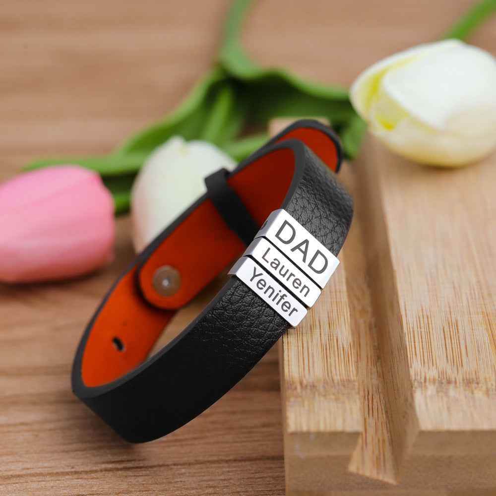 Simple Leather Stainless Steel Engraved Bracelet - Crea Muze