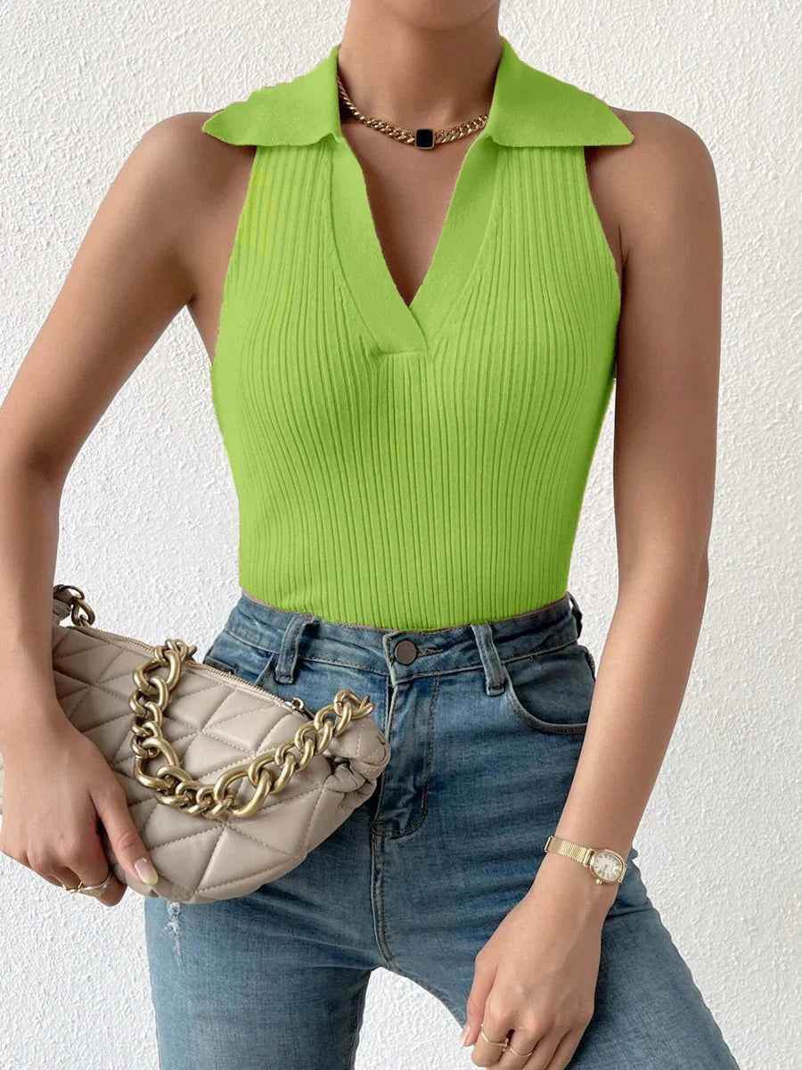 Summer V-Neck Ribbed Knit Crop Top - Sleeveless Turndown Collar in 10 Colors - Crea Muze