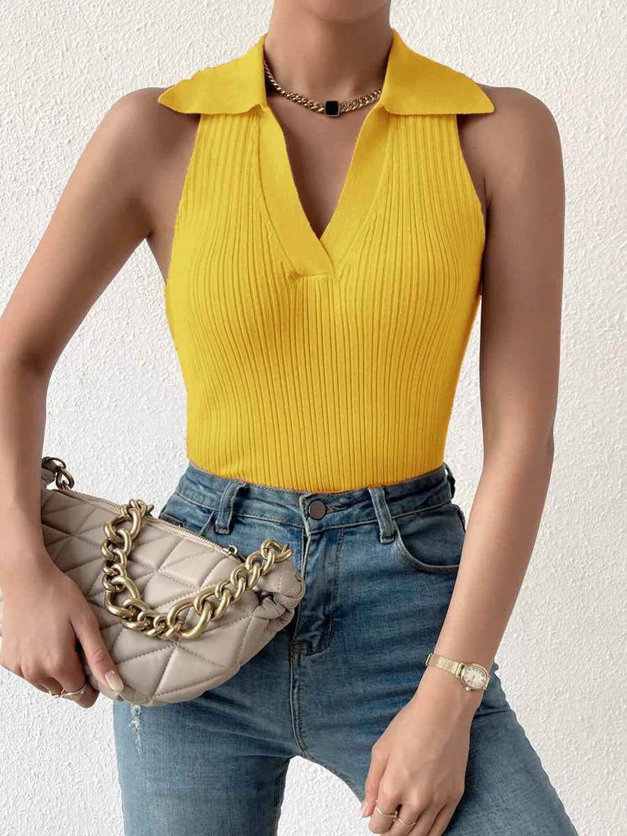 Summer V-Neck Ribbed Knit Crop Top - Sleeveless Turndown Collar in 10 Colors - Crea Muze
