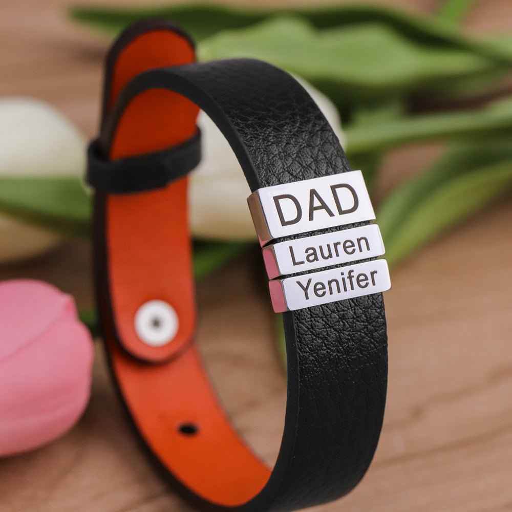 Simple Leather Stainless Steel Engraved Bracelet - Crea Muze